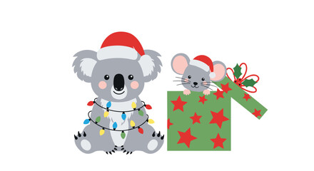 Fototapeta premium Cute christmas koala and mouse friends decorated with festive lights and present