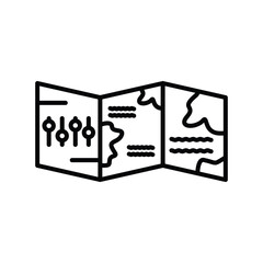 A black and white line drawing of an opened folded map. Editable stroke icon