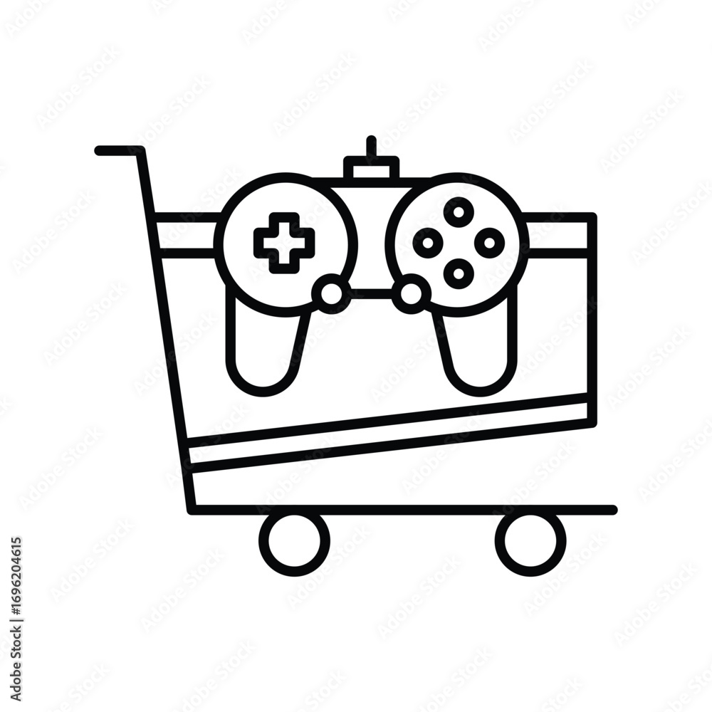 Poster a black and white linear design of a shopping cart containing a gaming controller. editable stroke i