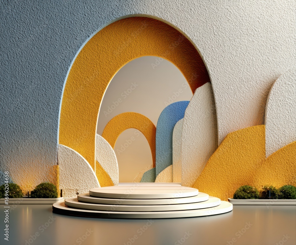 Poster geometric podium: a minimalist architectural marvel with an inviting circular stage, enhanced by ele