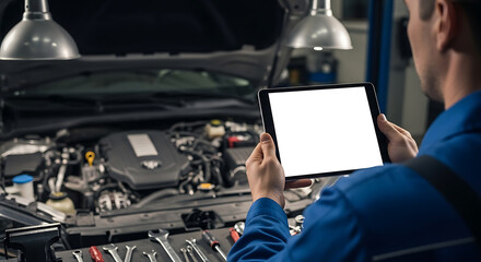 Auto mechanic using a tablet computer with blank screen, standing in front of a car with open hood in a repair shop.