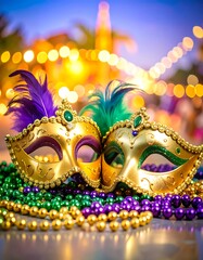 Golden Mardi Gras masks, adorned with feathers and gems, rest on a surface of colorful beads. Blurred lights and structures in the background suggest a festive celebration
