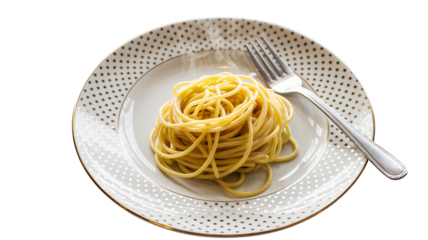 Steaming spaghetti served elegantly on a white plate with gold polka dots