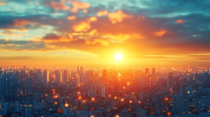 Cityscape sunset, urban skyline, vibrant sky, buildings, lights, hope, future, aerial view, stock photo