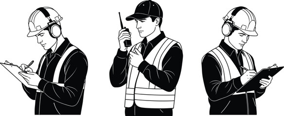 Construction worker wearing safety helmet and vest, using clipboard and walkie-talkie, communication, safety, site inspection, industrial work.