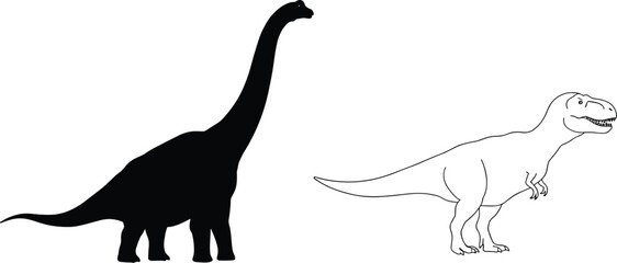 Size Comparison Between Brachiosaurus and T-Rex, Dinosaur Illustration, Black and White, Extinct Animals, Jurassic Period.