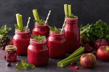 Variety of crimson smoothies served in glass containers garnished with mint, celery, and fresh vegetables against a dark background, encouraging health.