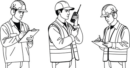 Construction workers wearing safety helmets and reflective vests, using walkie-talkies and clipboards, conducting site inspections and safety checks.