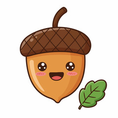 A cute cartoon acorn with a happy face and a small green leaf next to it.