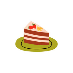Delicious dessert with cream and decorated with fruit. Cut piece of birthday cake, served on plate. Layered cake with chocolate sponge cake and whipped cream.