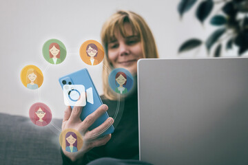 A woman enjoys a virtual meeting, video call with colleagues or friends using smartphone. Modern communication and collaboration, remote work, social connection. Online remote work, social networking
