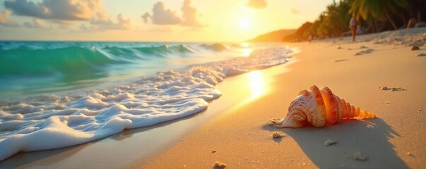 Golden hour sunlight bathes a pristine beach in summer, waves gently lapping the shore Perfect for travel, vacation, or summer themed projects Seashells, sand, ocean, relaxation , waves, sun