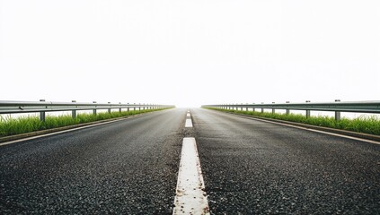 Fototapeta premium Isolated asphalt pathway with barriers and greenery seen from a side angle on white background