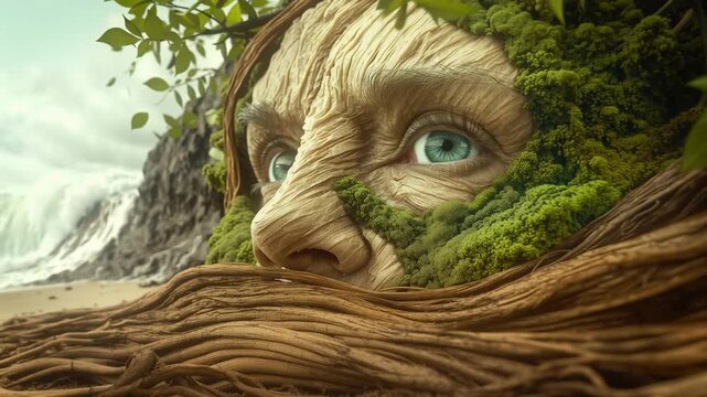 Mother nature face made of moss and roots with tsunami waves in background