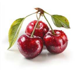 Three vibrant, glistening cherries with stems and green leaves against a clean white backdrop, creating a refreshing and appetizing close-up