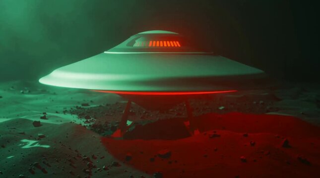 Retro alien UFO flying saucer trying to land on a low-gravity forbidden planet 