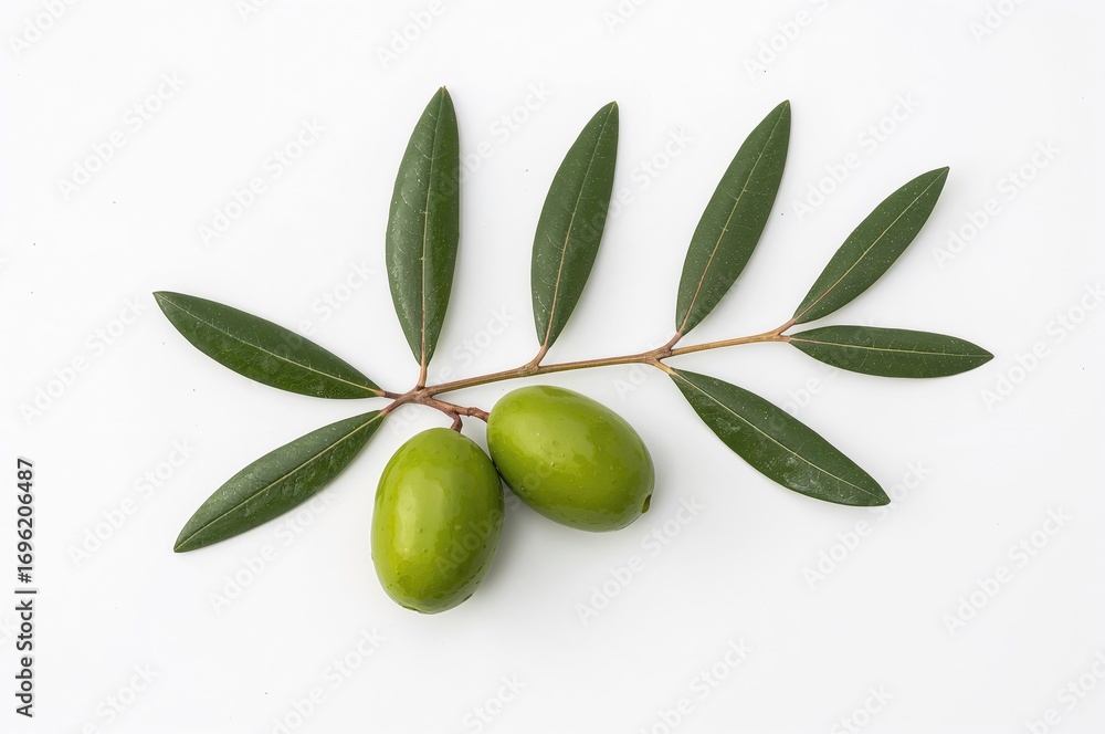 Poster a single green olive branch displayed against a clean white background as a package design element