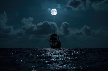 Nighttime shadow of a dark pirate vessel with eerie sea lights and a spectral ship far away
