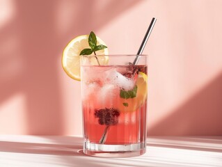 Refreshing cocktail with lemon and mint in a clear glass against a soft pink background