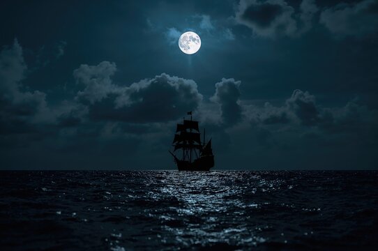 Nighttime shadow of a dark pirate vessel with eerie sea lights and a spectral ship far away