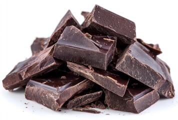 A pile of dark chocolate chunks with reflective surfaces against a bright white backdrop