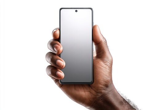 A dark hand holds a mobile phone with a blank, silver screen against a stark white background