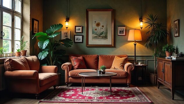 Cozy living room with vintage furniture, warm lighting, and antique details creating a nostalgic atmosphere  Perfect for home decor, interior design, and vintage lifestyle blogs , armchair, aesthetic