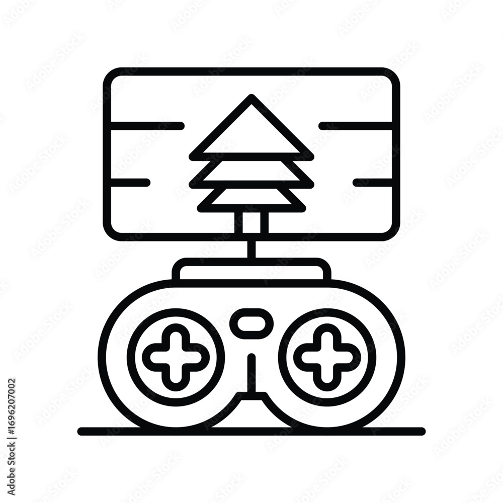 Poster a game console is displayed with a christmas tree on the screen. editable stroke icon