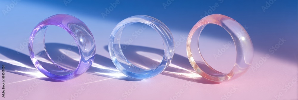 Poster colorful translucent rings displayed on a gradient background showcasing unique designs and textures
