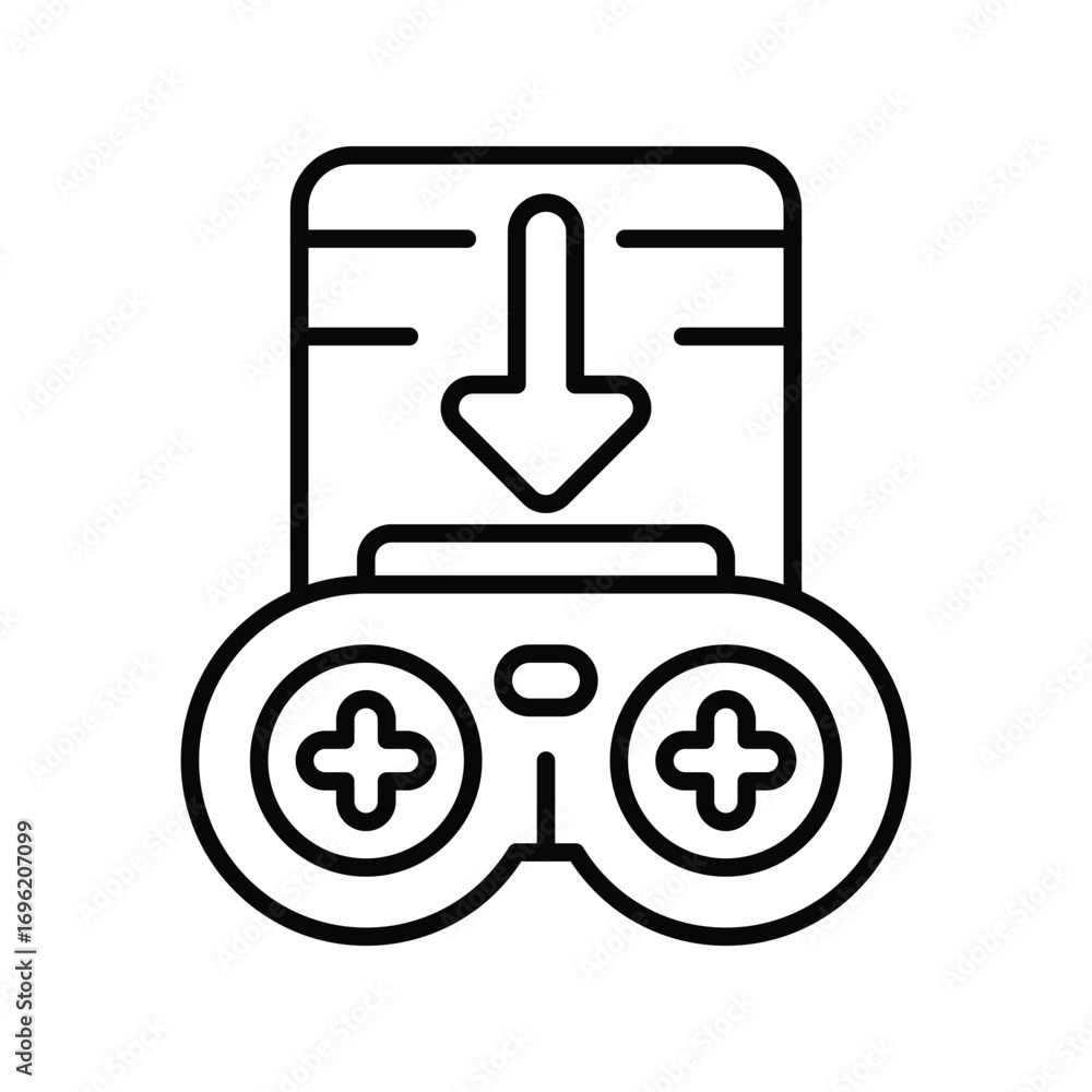 Poster a gaming console download icon a controller under a box with a downward arrow. editable stroke icon