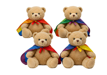 Four Plush Teddy Bears in Rainbow Capes on white background