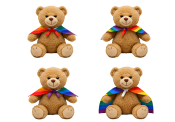 Four Plush Teddy Bears in Rainbow Capes: Pride Collection on white background
