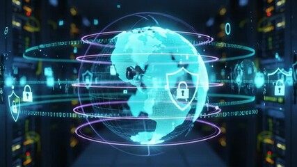 Cybersecurity globe with digital shield protection in server room for global data privacy - Powered by Adobe