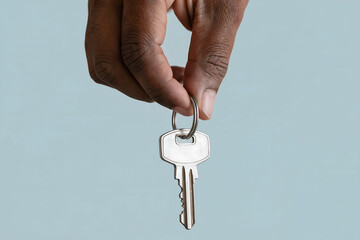 Dark skinned hand holding a silver key against a light blue background metal