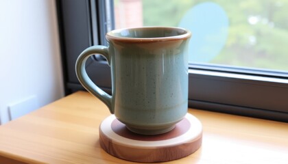 Ceramic Coffee Mug on Wooden Coaster by Window