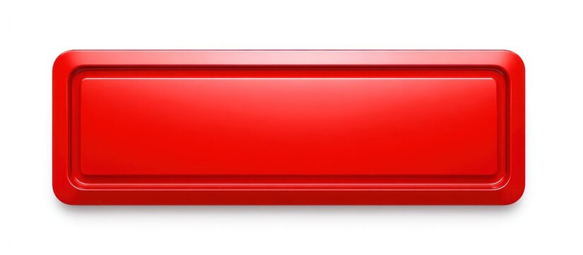 A glossy red rectangular button with rounded edges casting a subtle shadow on a white background