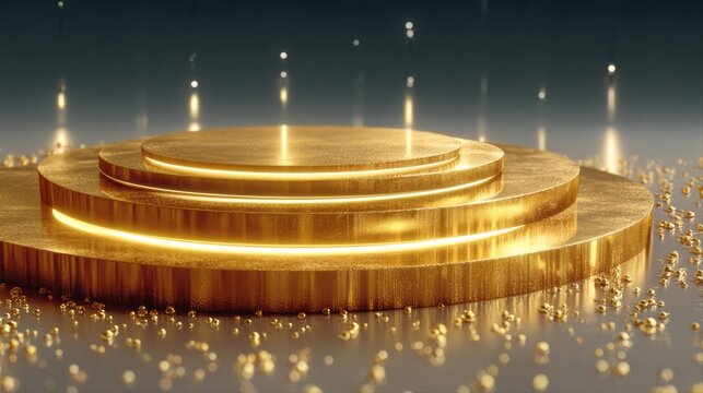 Golden Stage of Triumph: An elegantly designed, golden stage radiates a sense of accomplishment and award, illuminated by a subtle glow. The polished surface hints at prestige, achievement.