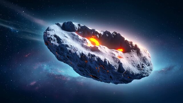 Fiery asteroid flying through deep space with glowing molten core and cosmic trail in dark starry universe
