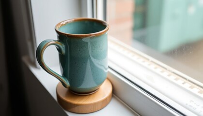 Ceramic Coffee Mug on Wooden Coaster Near Window