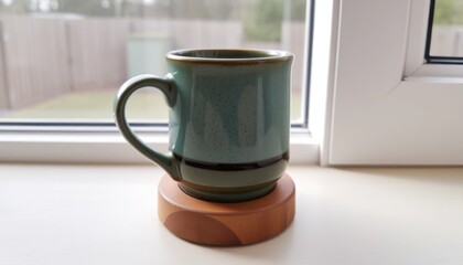 Ceramic Coffee Mug on Wooden Coaster Near Window