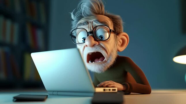 Worried elderly man will wallet looking at laptop screen at night