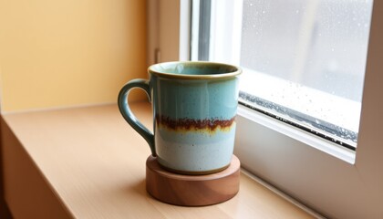Ceramic Coffee Mug on Wooden Coaster Near Window