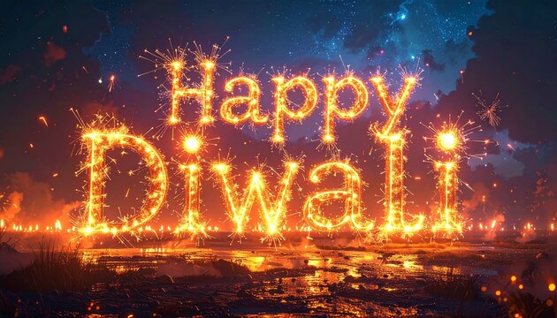 "Happy Diwali" spelled out in golden fireworks, with reflections in water and a dark, atmospheric background.