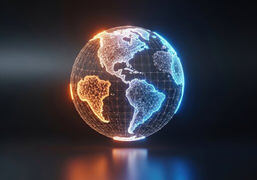 Digital World Globe, Wireframe, Hemisphere, Orange and Blue Lighting, Transparent