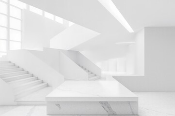 Minimalist interior design with abstract geometric shapes in a white architectural backdrop