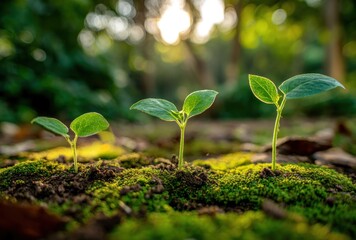 Trio of tiny sprouts emerging from moss and dark soil, lit by dappled sunlight, showing different stages of growth in a forest setting