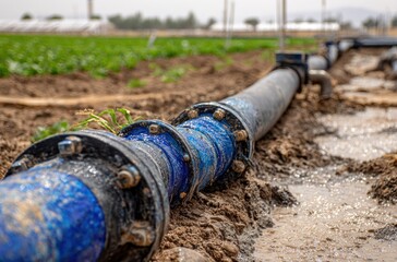 Water irrigation pipe snakes across tilled soil in a farm field, green crops and greenhouses visible in background