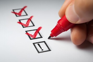 Hand with red marker marking checklist on white paper, three boxes checked, exclamation point