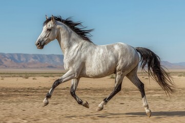 A majestic horse gallops through sandy dunes