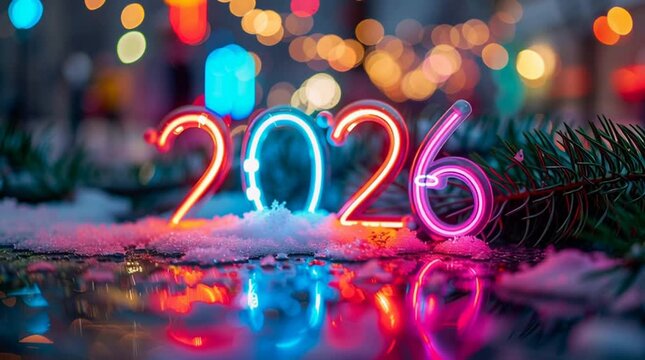 Neon 2026 numbers glowing in snow with pine branches and colorful lights in the background, creating a festive winter night scene